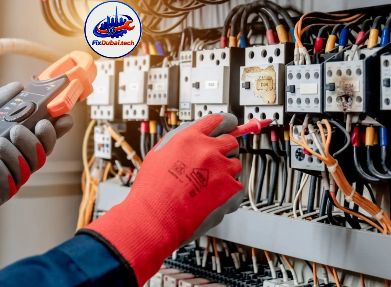 Technician repairing a commercial distribution panel in a Dubai office building after a short circuit fault
