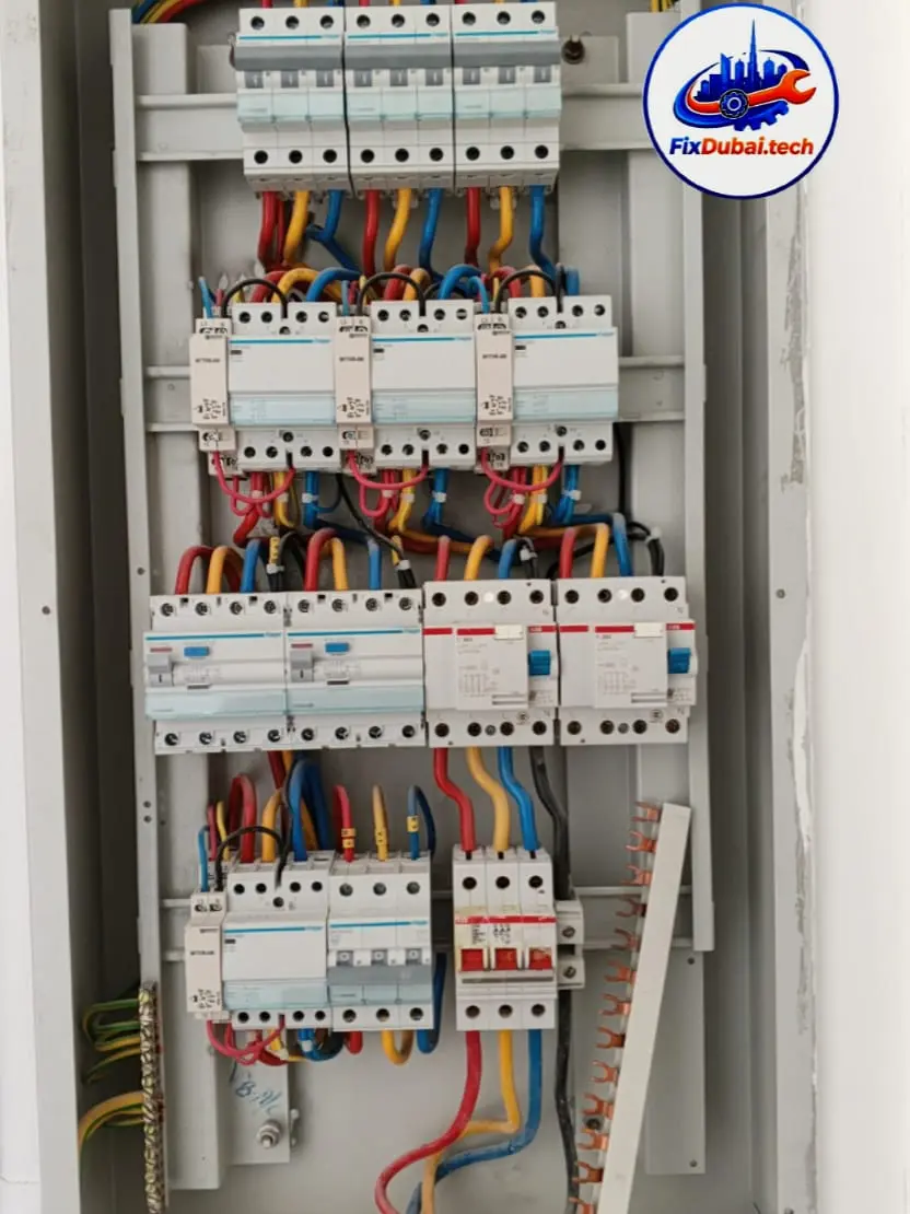 Licensed electrician tracing an electric short circuit fault in a Dubai home distribution board