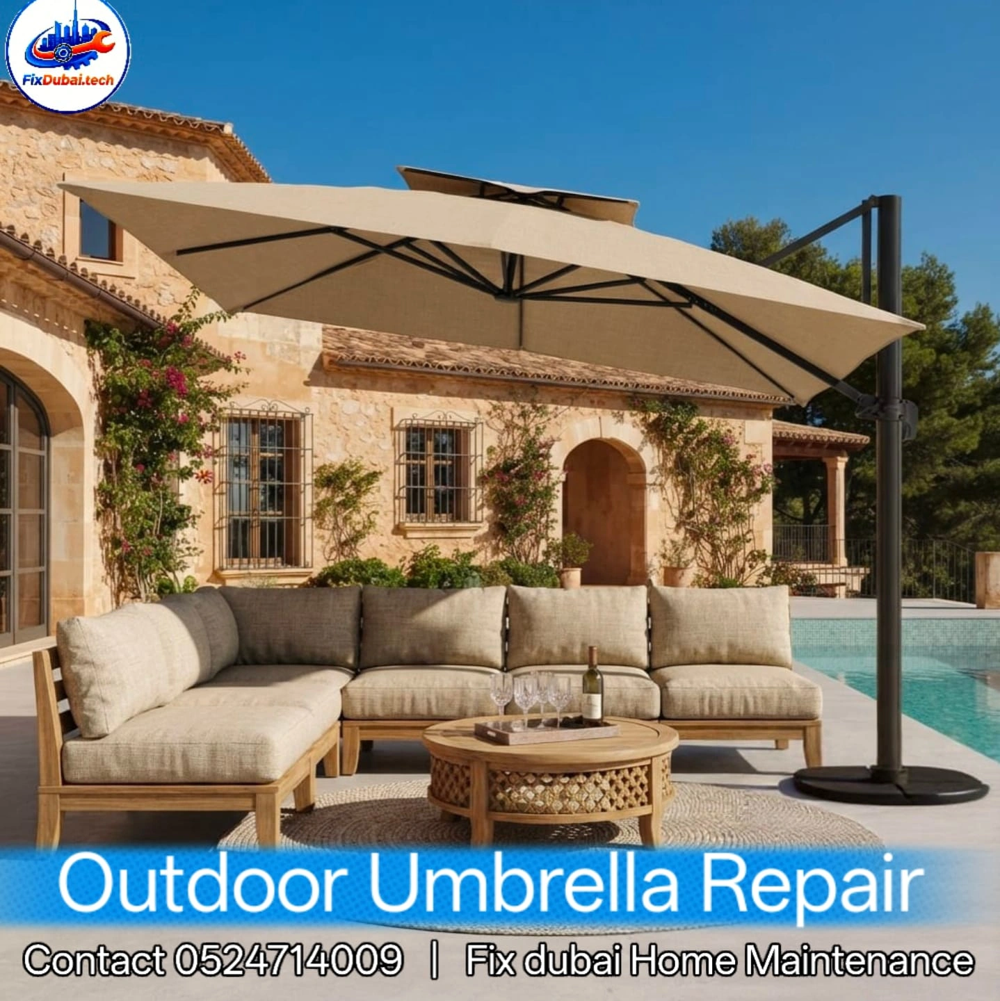 Custom commercial umbrella canopy fabric stitching and replacement workshop in Dubai
