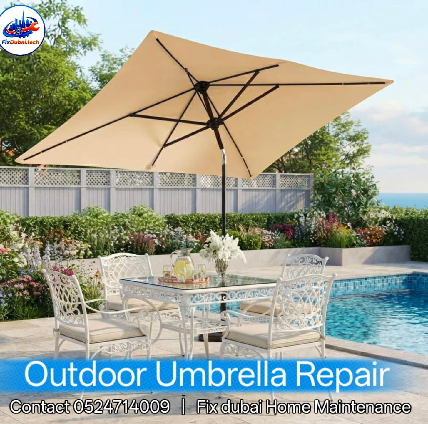 Pristine outdoor garden setup featuring luxury repaired patio umbrella in a modern Dubai villa