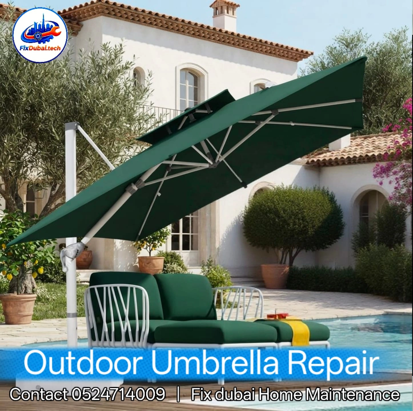 Professional technician repairing heavy duty cantilever patio umbrella frame and canopy fabric in Dubai villa